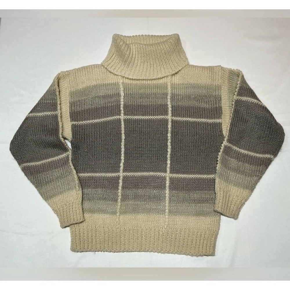 Alicia Turtleneck Sweater Womens Medium Cream Striped Vintage 90s Acrylic Chunky